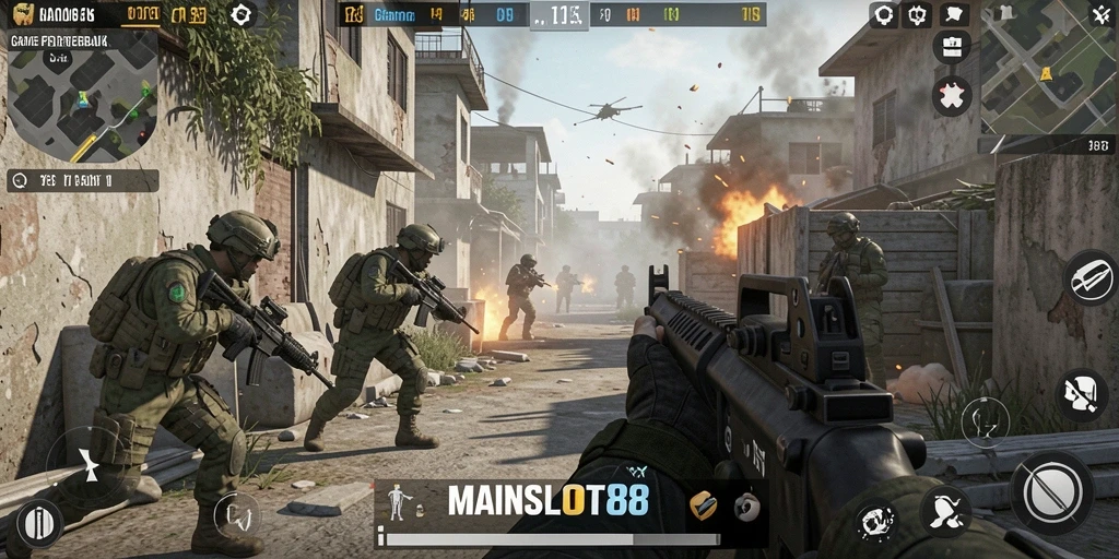Gameplay MAINSLOT88 menunjukkan pertempuran intens antara tim di medan perang.