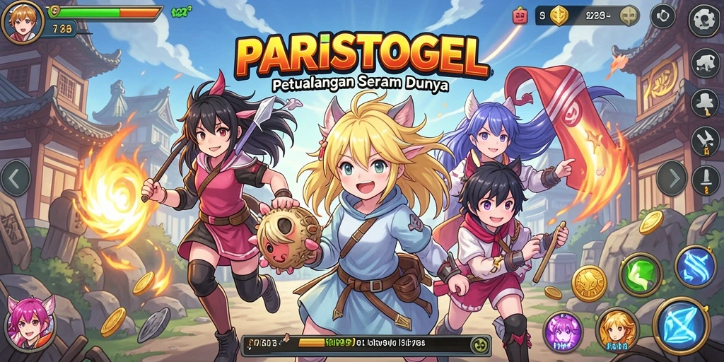Tangkapan layar utama PARISTOGEL menunjukkan karakter anime dalam aksi seru.
