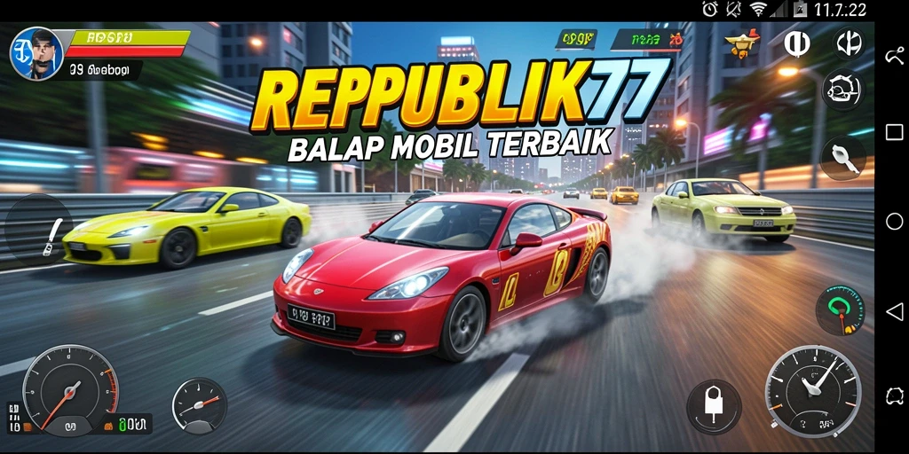 Tampilan gameplay mendebarkan di REPUBLIK77 dengan mobil balap yang kencang.
