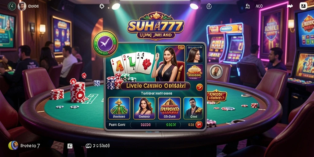 Screenshot utama SUHU777 menampilkan dealer langsung dan permainan interaktif.