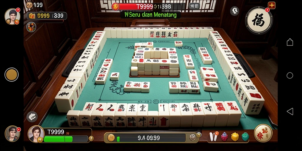 Skrin gameplay T9999 yang menunjukkan efek visual Mahjong yang menarik.